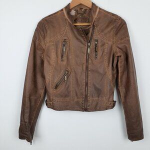 Jou Jou Faux Leather Aviator Jacket Size S. Brown Cropped Moto Zippers Pockets